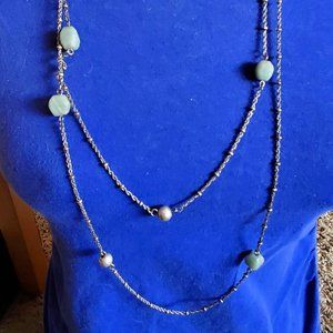 28" Silver Tone Stone Chip Layer Long Necklace AE